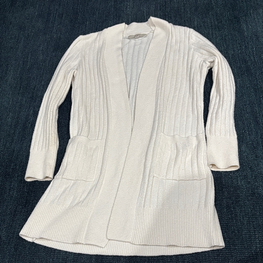 LOFT Cream Ribbed Long Cardigan small